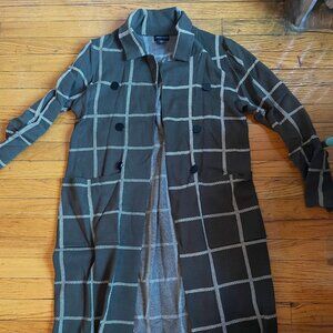 Long olive green plaid cardigan with collar and faux buttons size XL